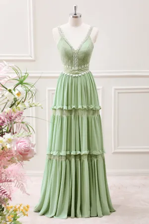 A Line Green V Neck Ruffled Tiered Lace Maxi Dress