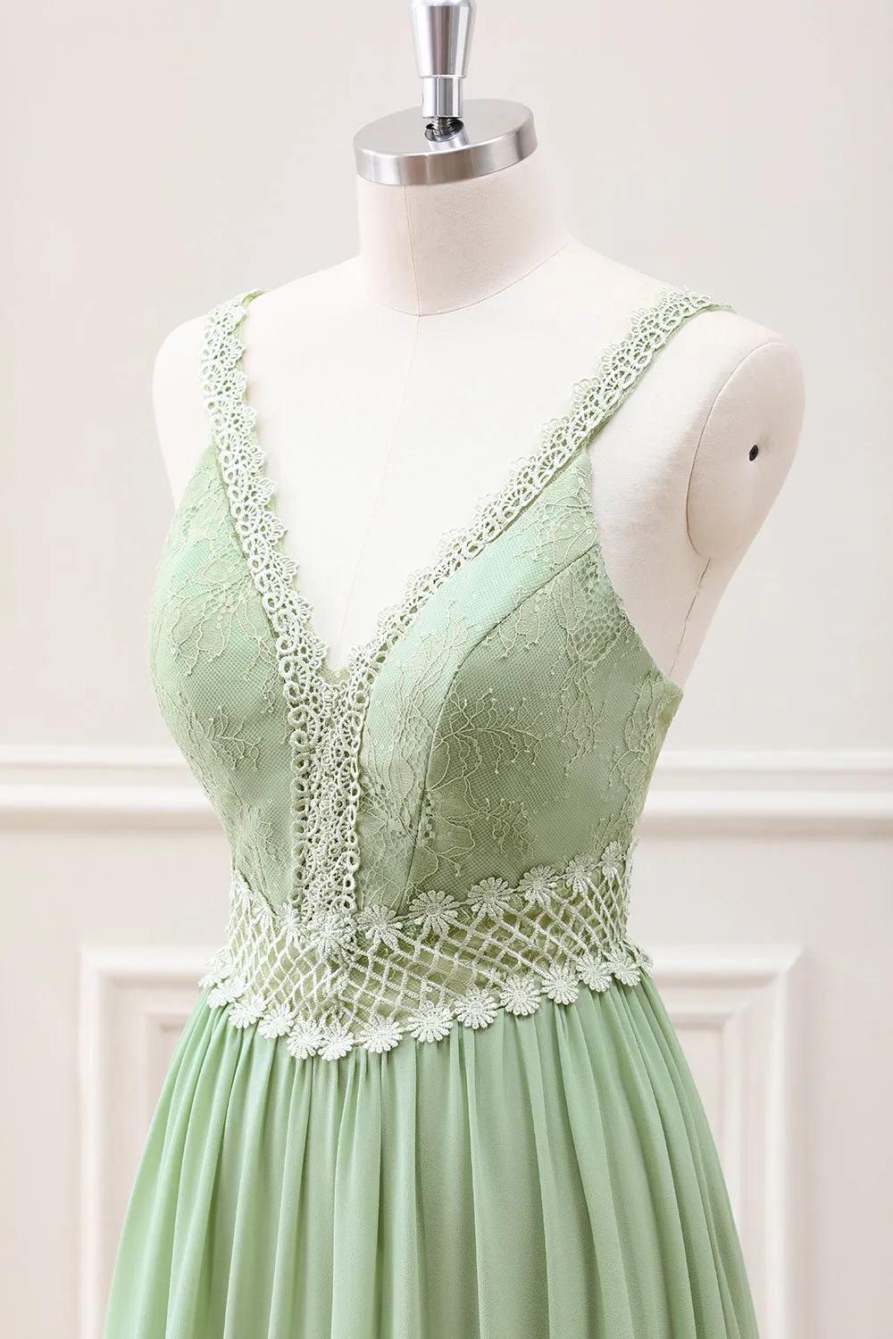 A Line Green V Neck Ruffled Tiered Lace Maxi Dress