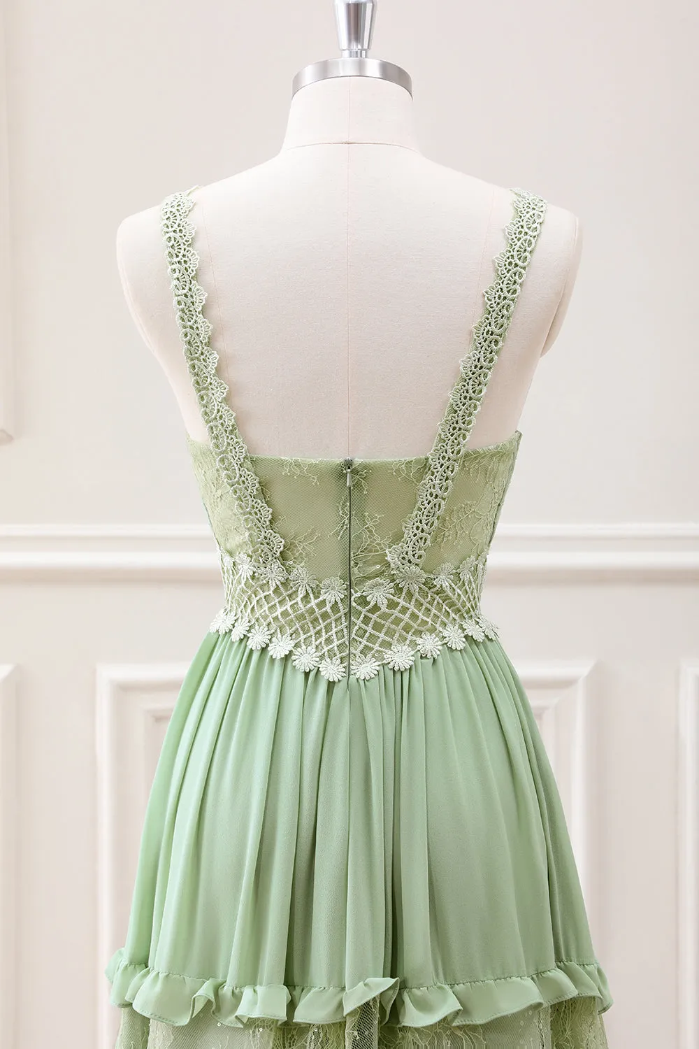 A Line Green V Neck Ruffled Tiered Lace Maxi Dress