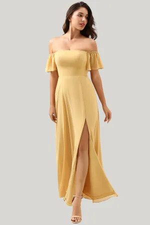 A Line Off the Shoulder Yellow Tea Length Dress with Slit