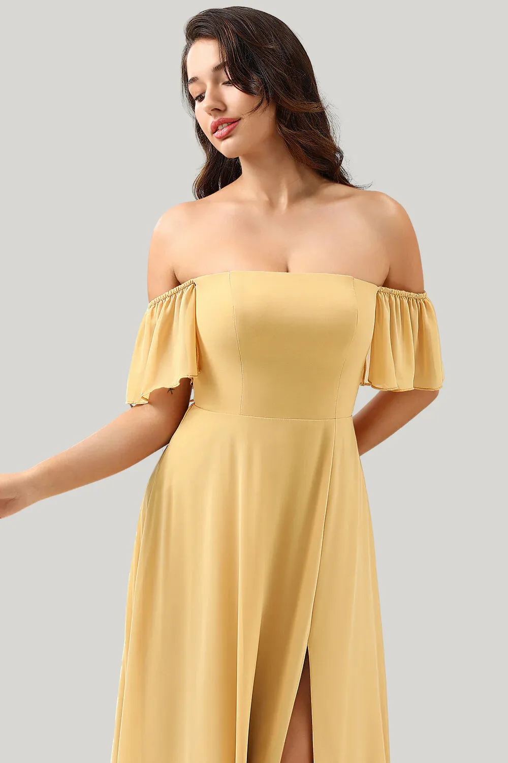 A Line Off the Shoulder Yellow Tea Length Dress with Slit