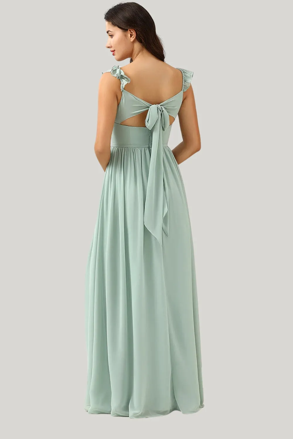 A Line Spaghetti Straps Dusty Sage Slit Maxi Dress with Ruffles