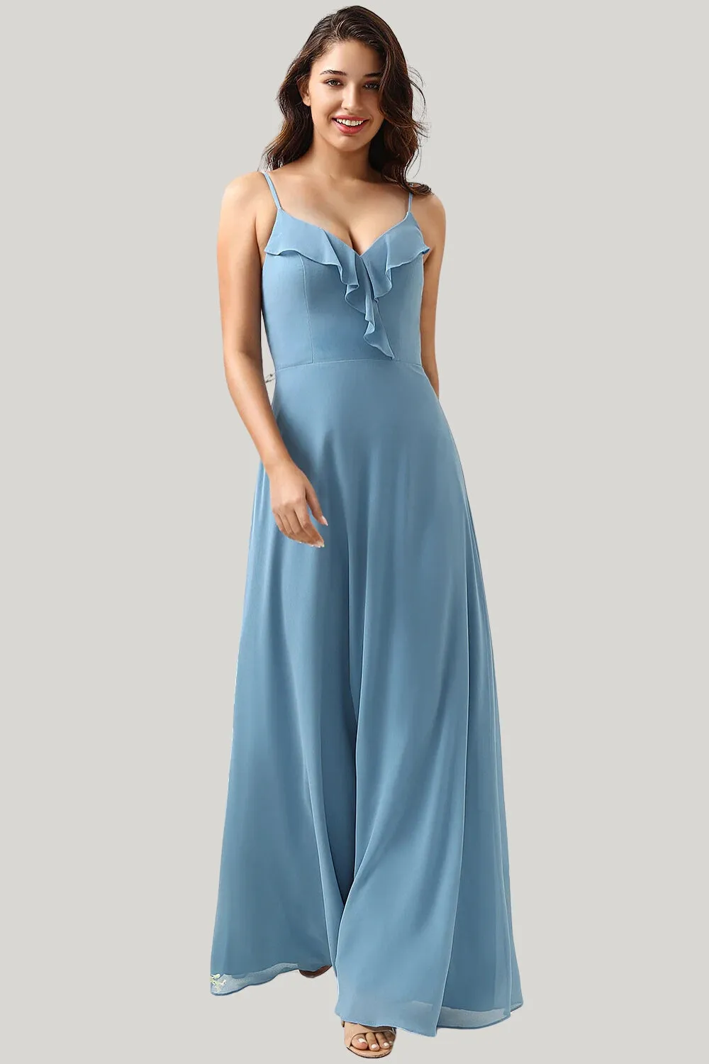 A Line Spaghetti Straps Ruffled Grey Blue Maxi Dress with Criss Cross Back