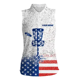 American flag disc golf Womens sleeveless polo shirt, name patriotic golf polo shirts for women