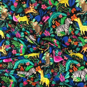 Animal Jungle on Black French Terry Fabric