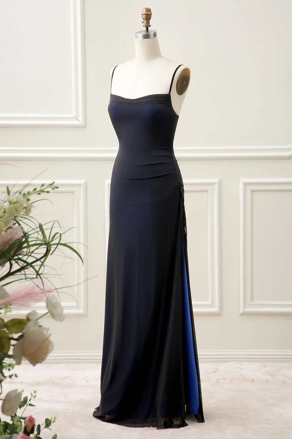 Black Blue Mermaid Spaghetti Straps Long Bridesmaid Dress with Slit