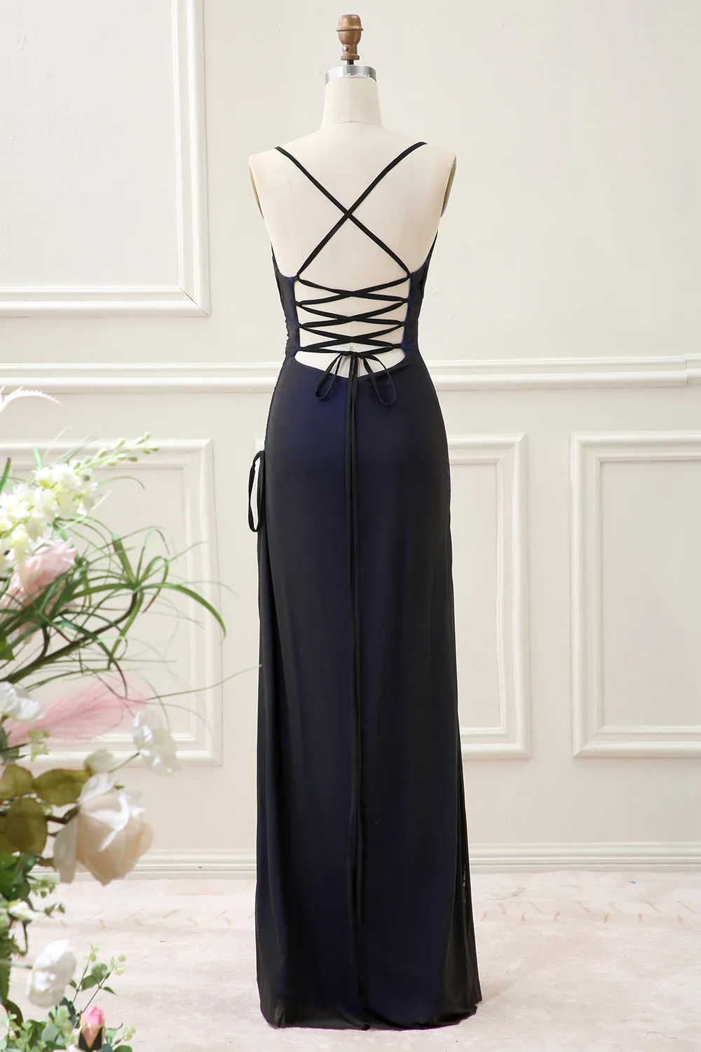 Black Blue Mermaid Spaghetti Straps Pleated Maxi Dress with Slit