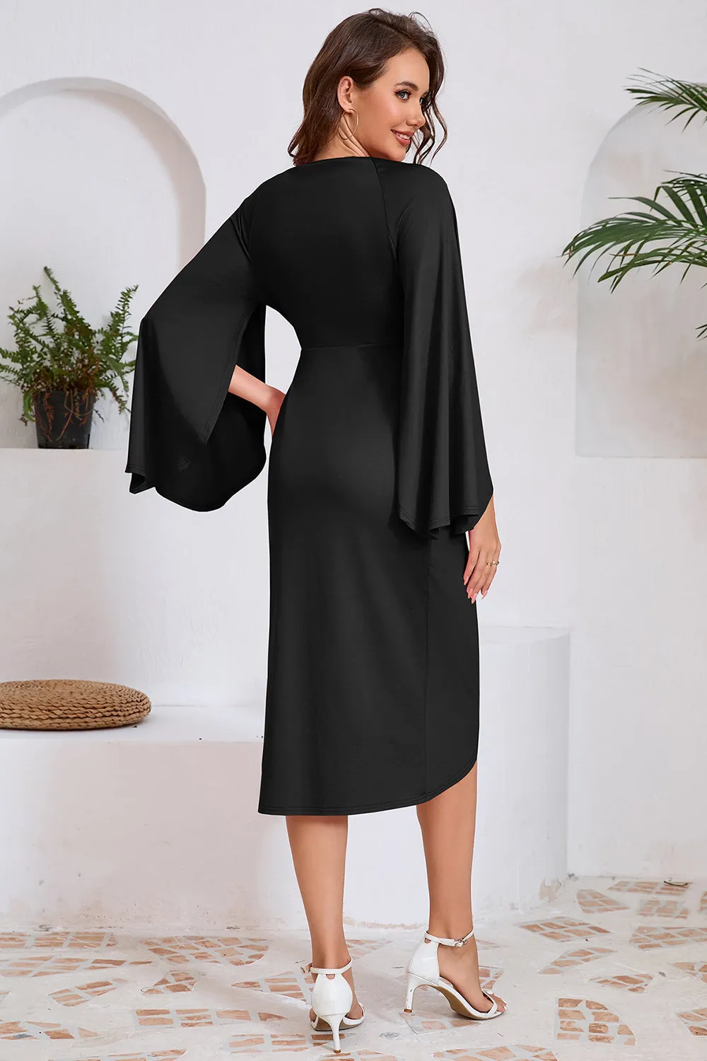 Black V Neck Asymmetrical Midi Dress with Sleeves