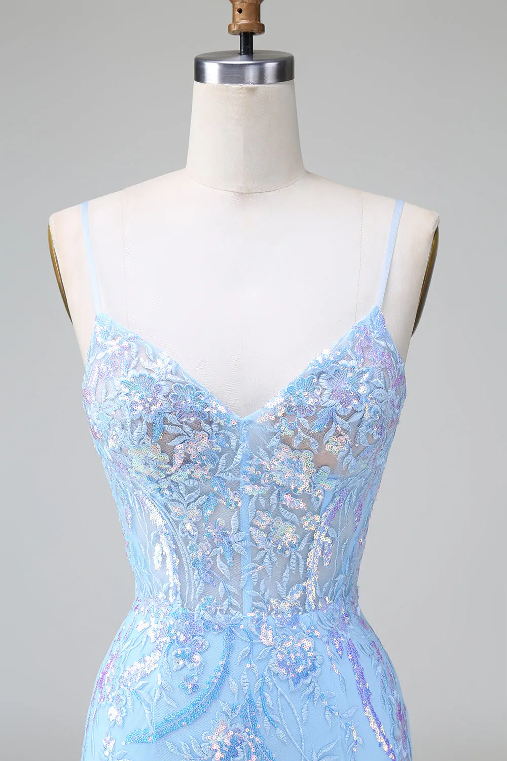 Blue Sequins Corset Open Back Mini Dress with Embroidery