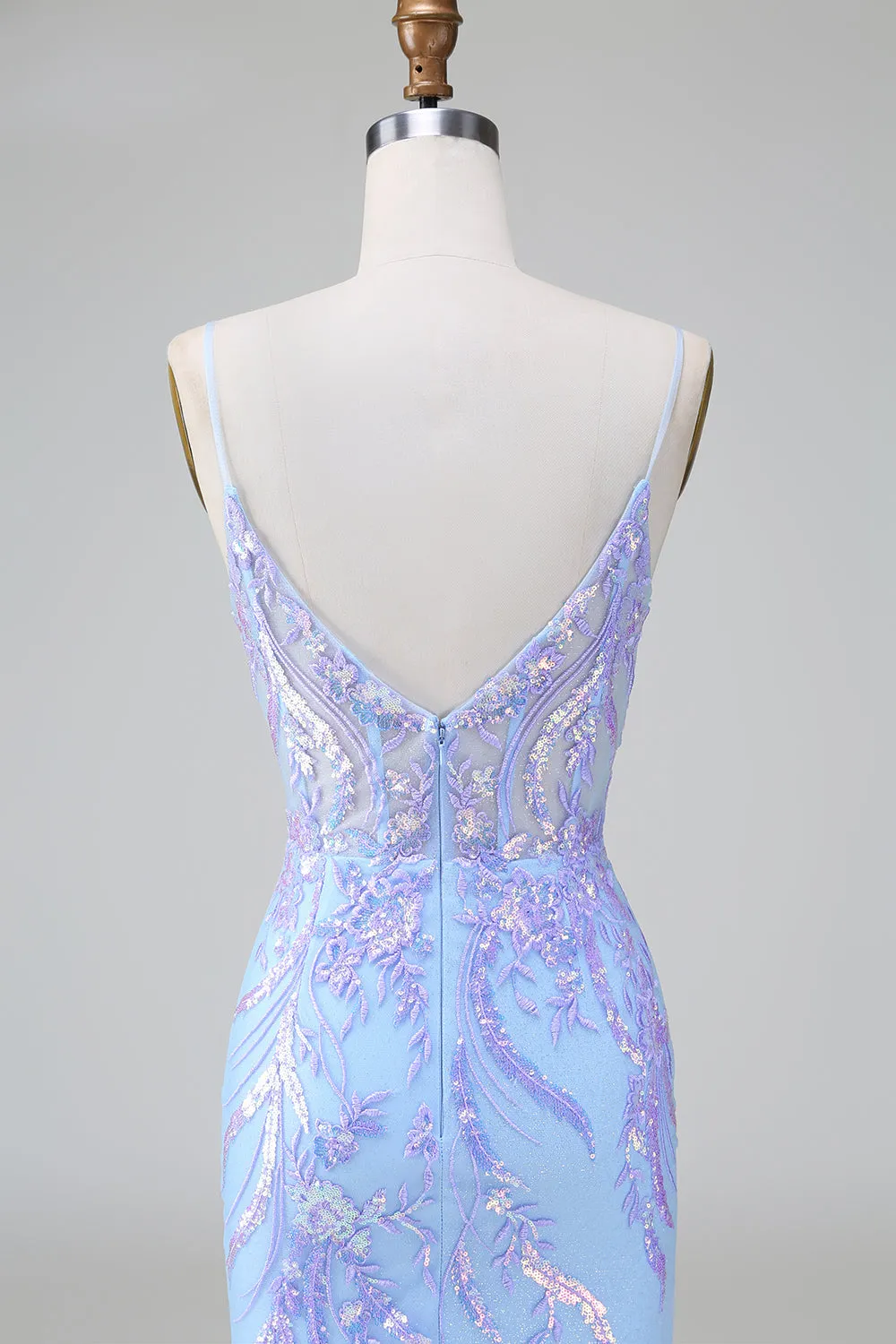 Blue Sequins Corset Open Back Mini Dress with Embroidery