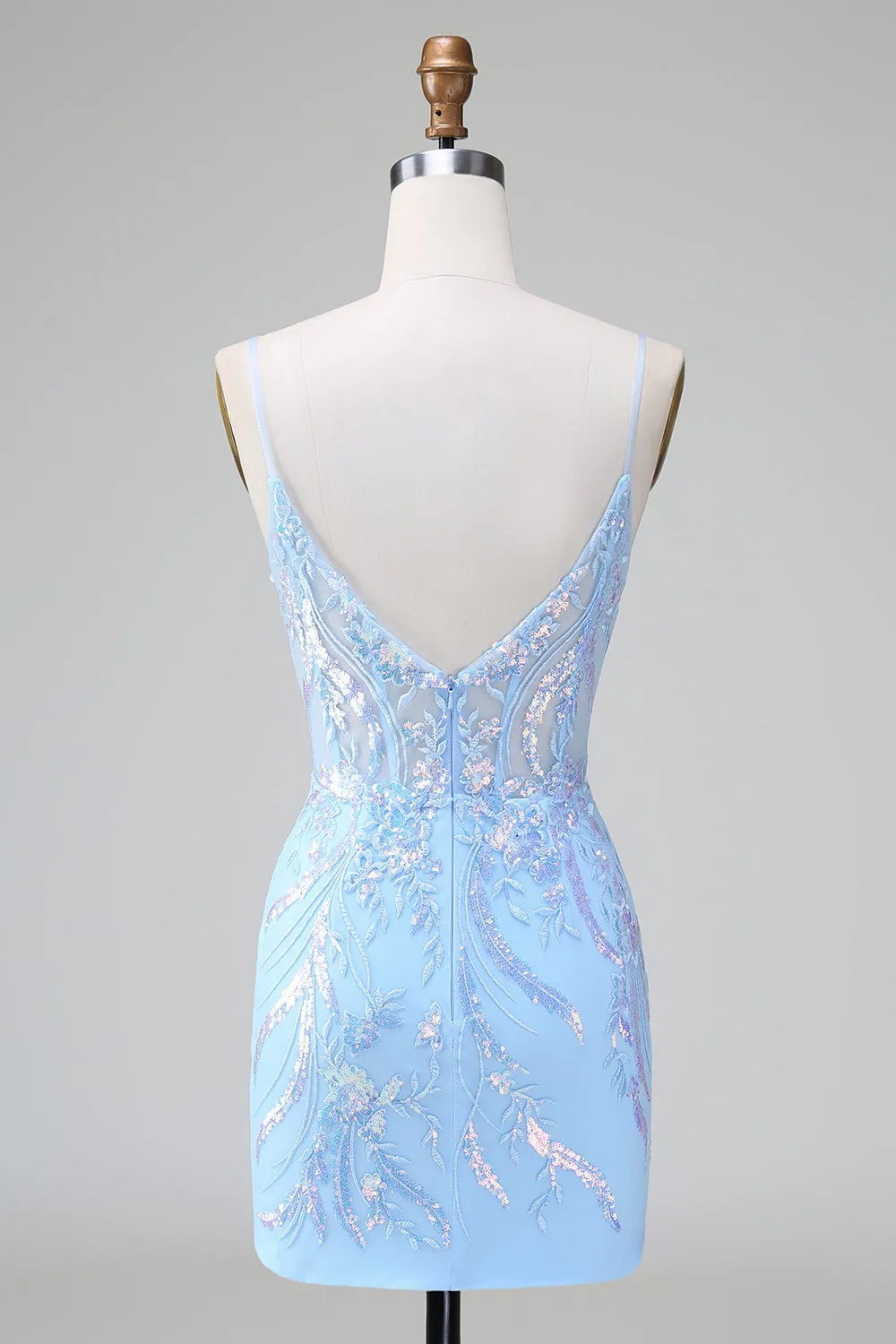 Blue Sequins Corset Open Back Mini Dress with Embroidery