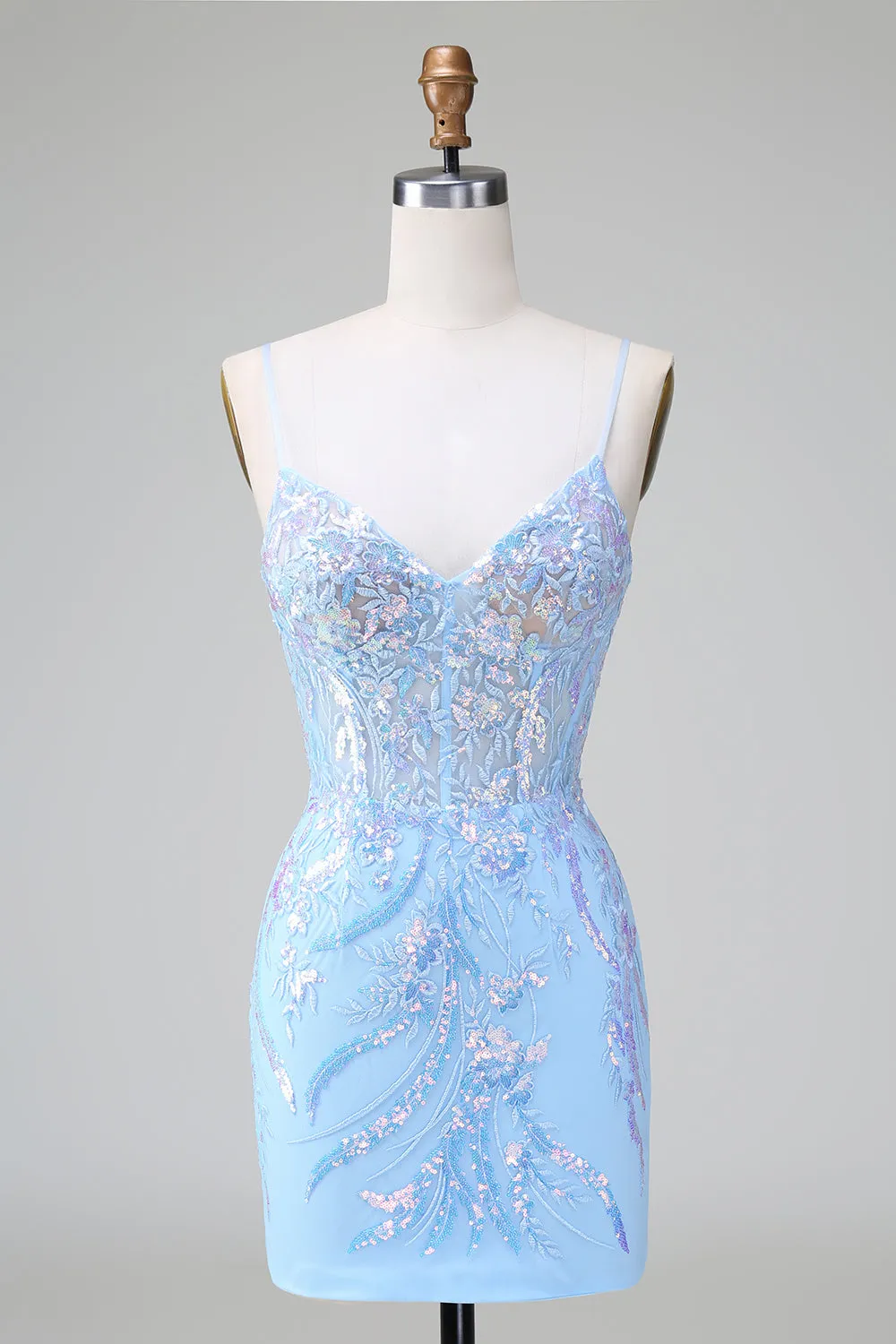 Blue Sequins Corset Open Back Mini Dress with Embroidery