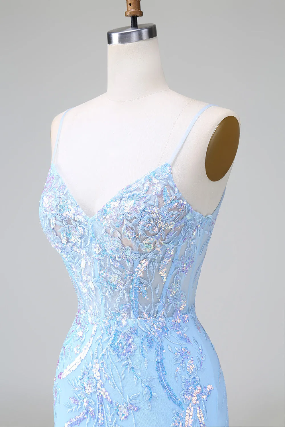 Blue Sequins Corset Open Back Mini Dress with Embroidery