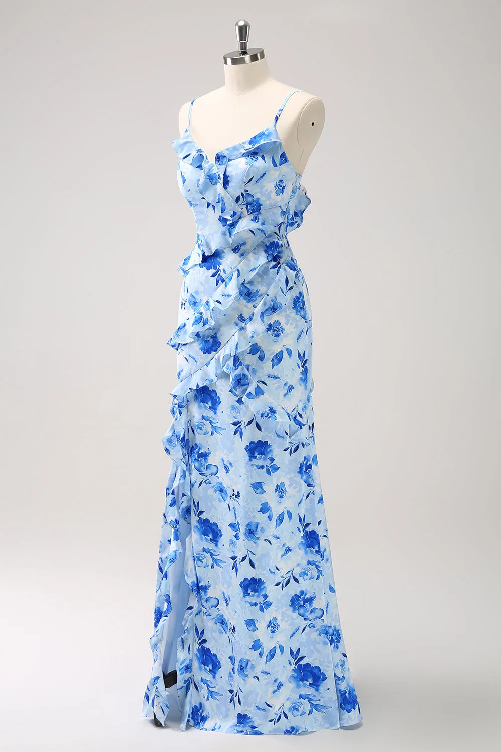 Blue Sheath Floral Ruffles Maxi Dress with Slit