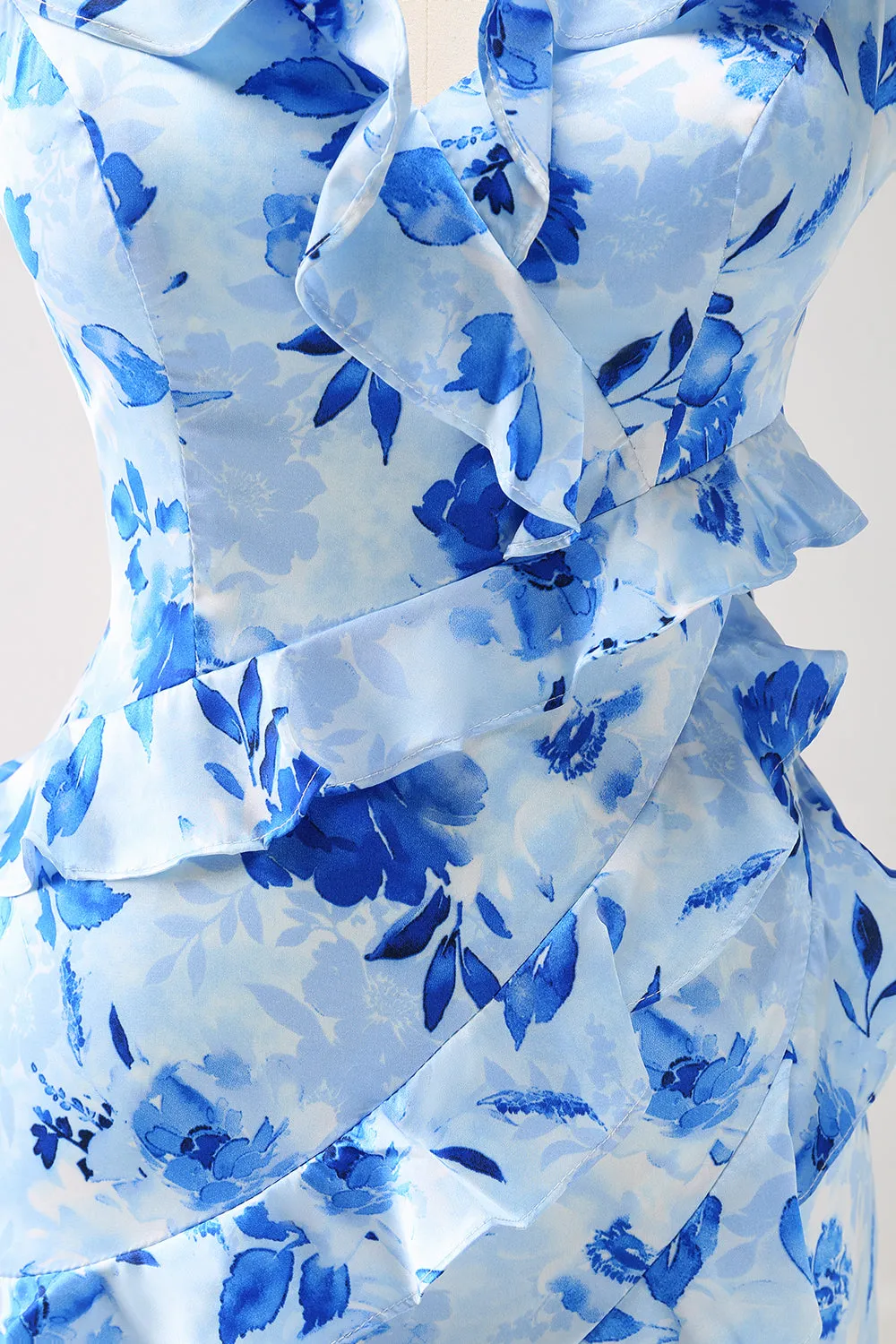 Blue Sheath Floral Ruffles Maxi Dress with Slit