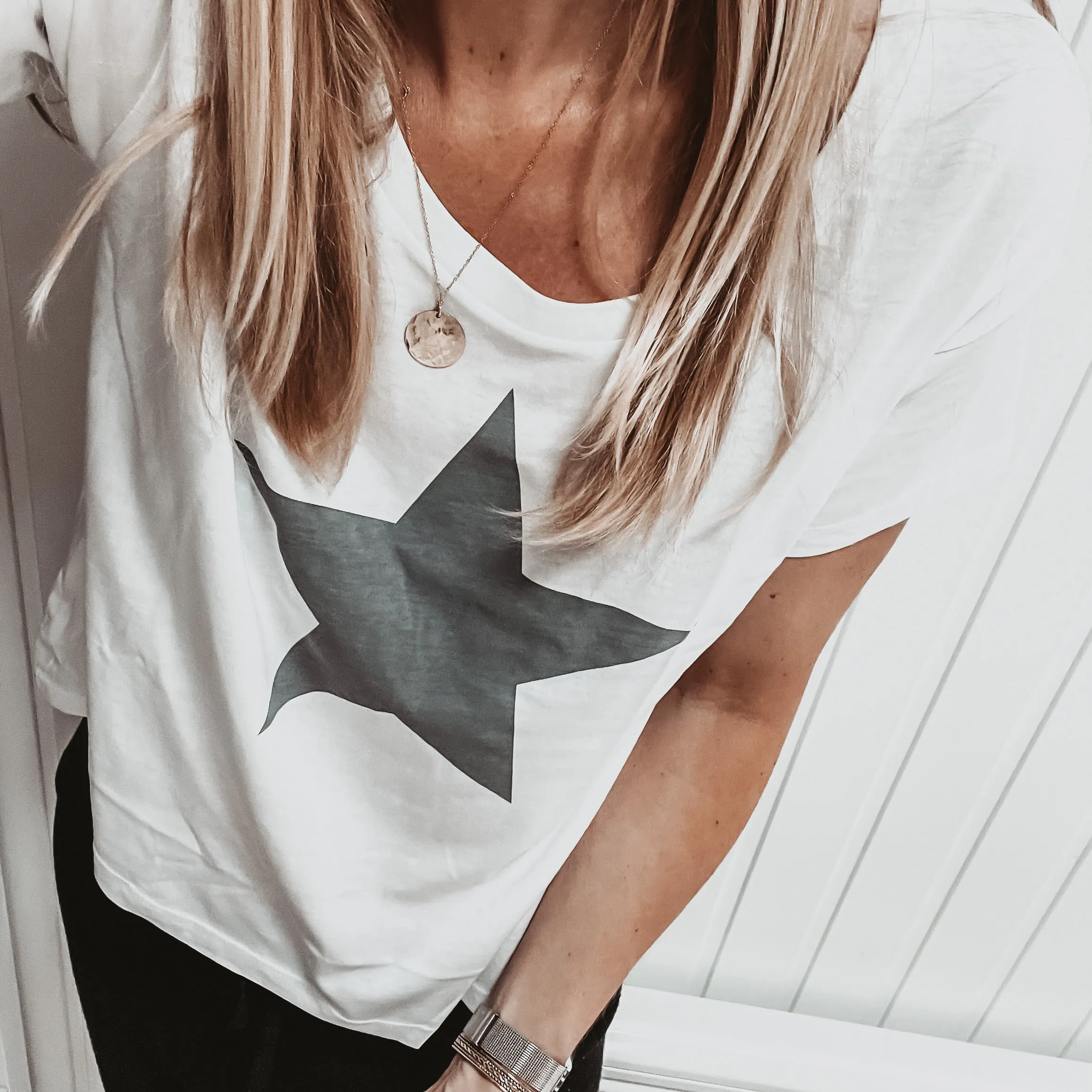 Boxy grey star white tee *boxy relaxed fit*