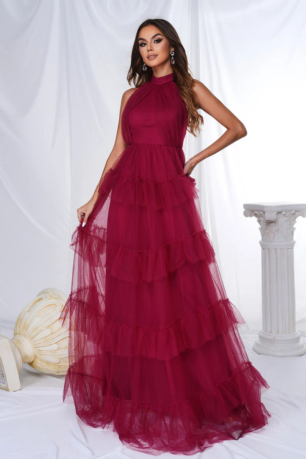 Burgundy Halter Tiered Tulle A Line Maxi Dress