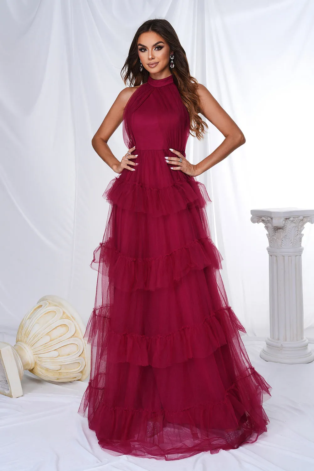 Burgundy Halter Tiered Tulle A Line Maxi Dress