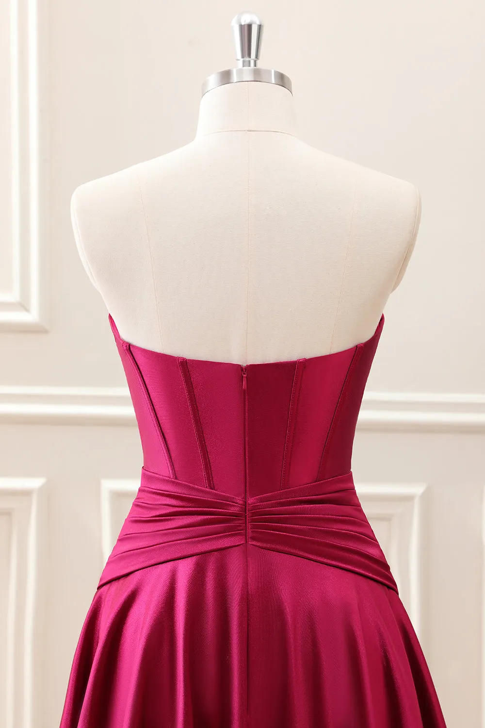 Burgundy Pleated A Line Corset Keyhole Strapless Mini Dress