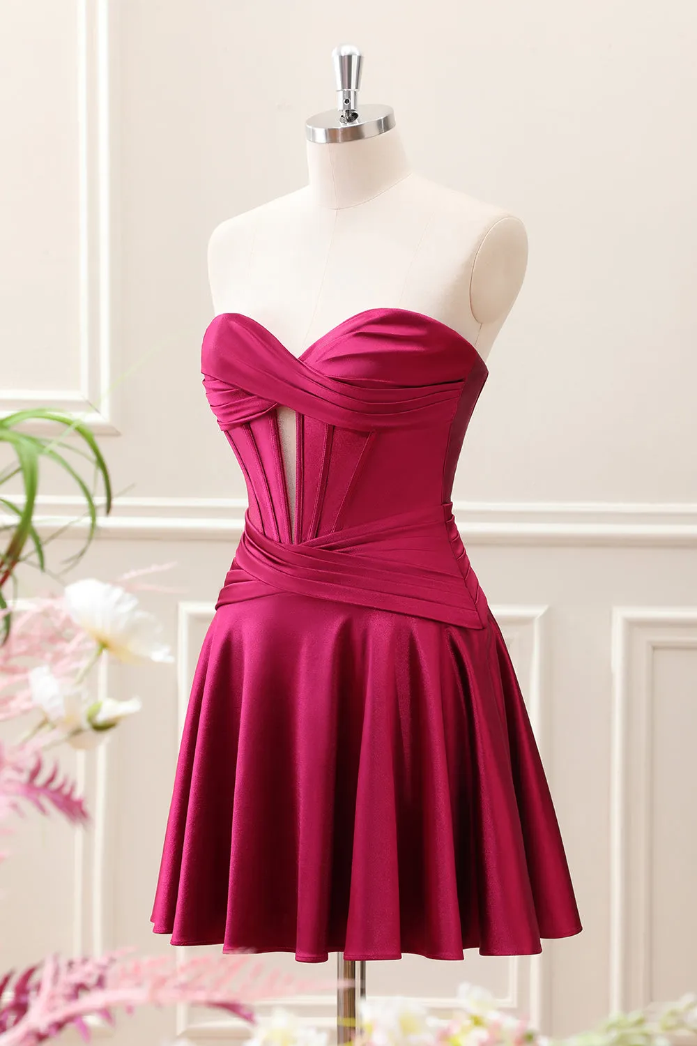 Burgundy Pleated A Line Corset Keyhole Strapless Mini Dress