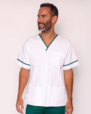 Casey Unisex Smart Scrub Tunic - White / Bottle Green