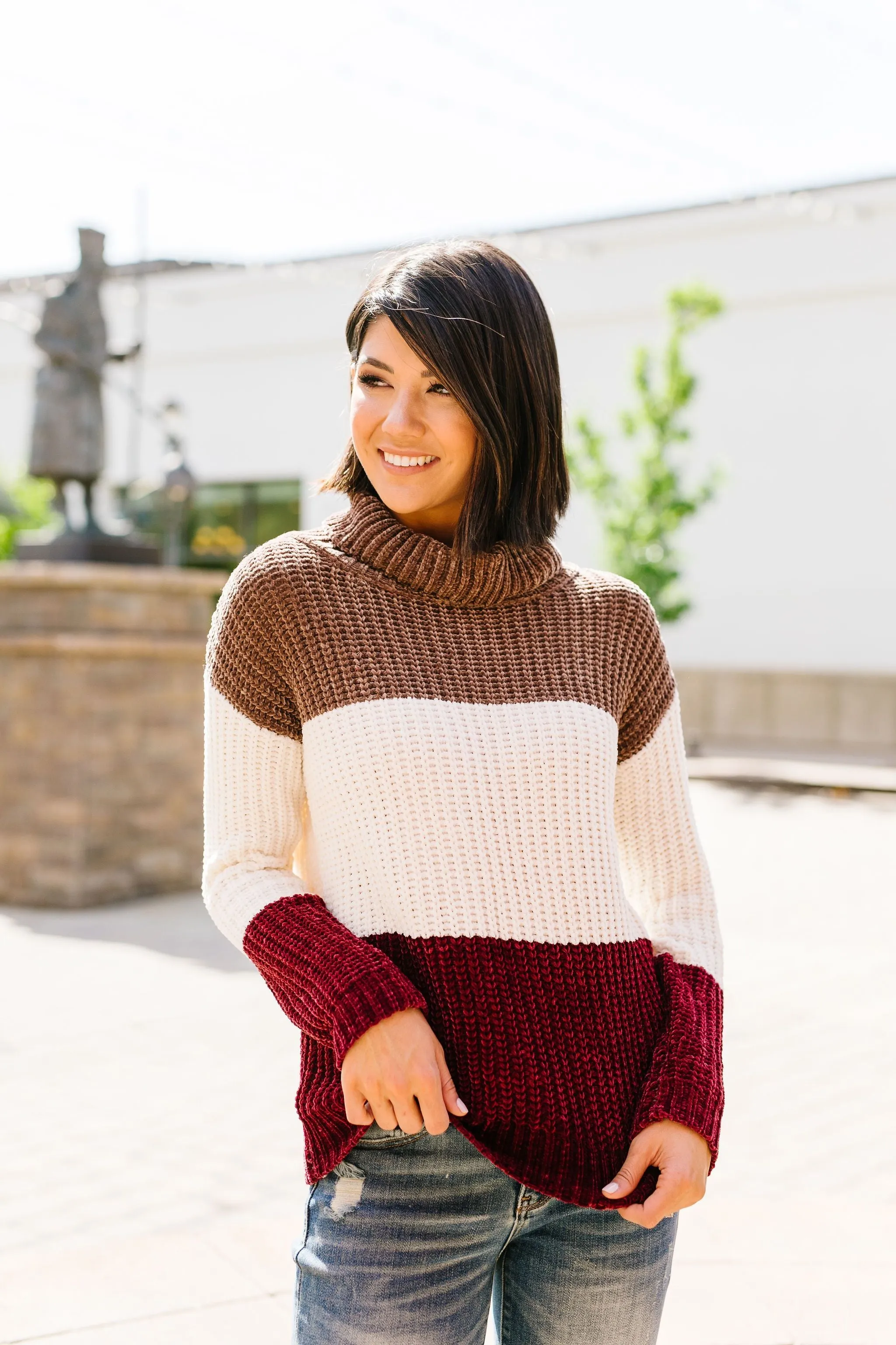 Chenille Color Block Turtleneck Sweater