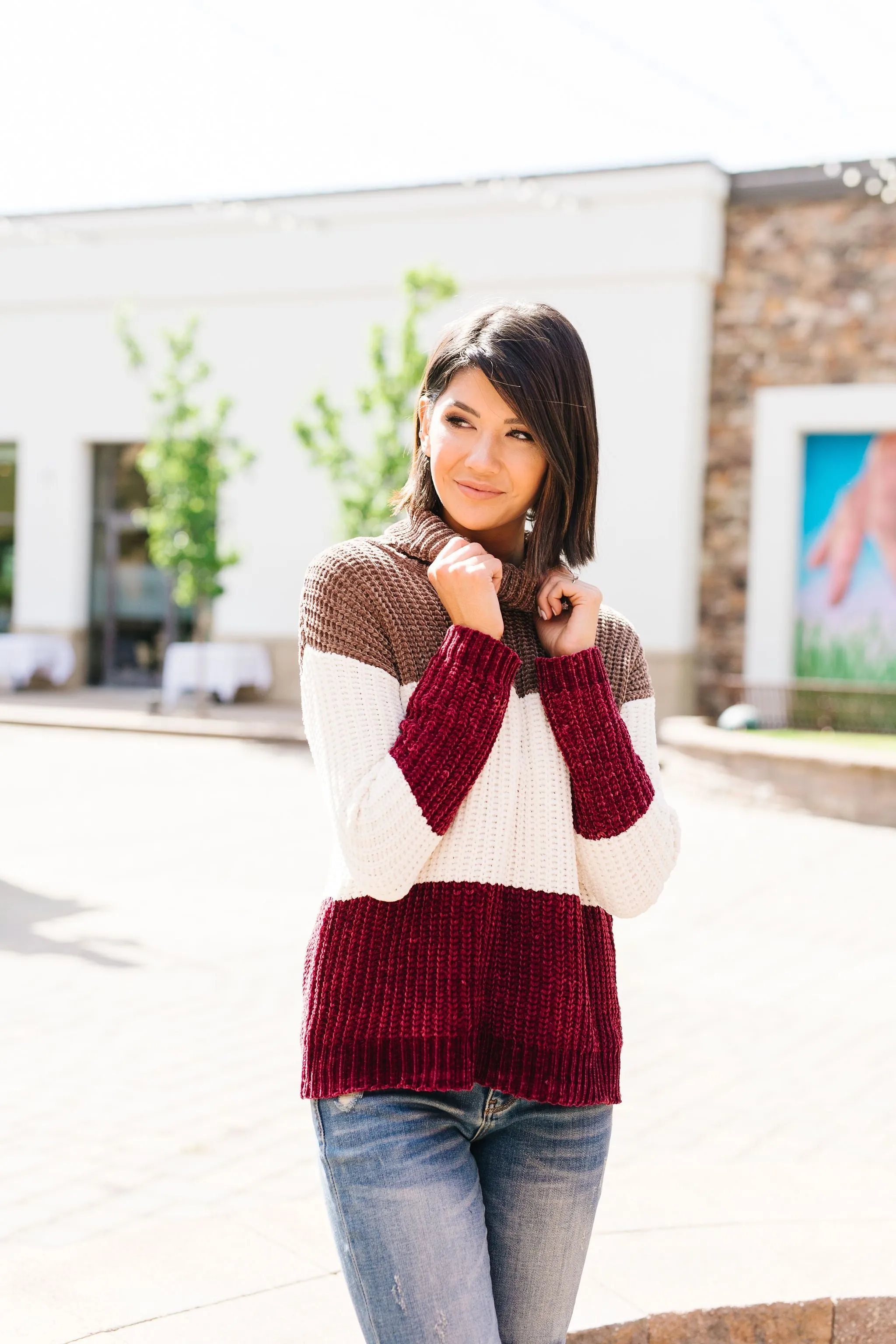 Chenille Color Block Turtleneck Sweater