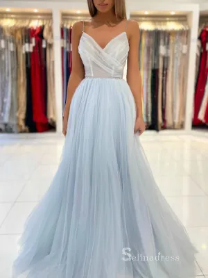 Chic A-line Spaghetti Straps Long Prom Dresses Light Sky Blue Blackless Evening Dress MLK023