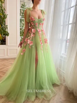 Chic A-line Sweetheart Sage Long Prom Dress Charming Verdant Floral Waltz Gown #LOP201