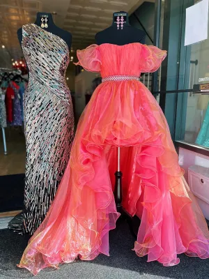 Chic High Low Strapless Long Prom Dress Organza Elegant Evening Dress #JKSS621