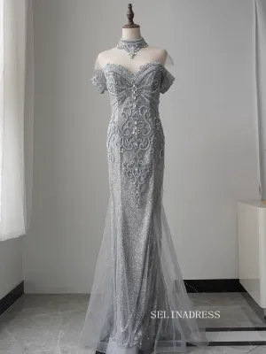 Chic Mermaid Beaded Long Prom Dress Elegant Silver Evening Dress #KOP002