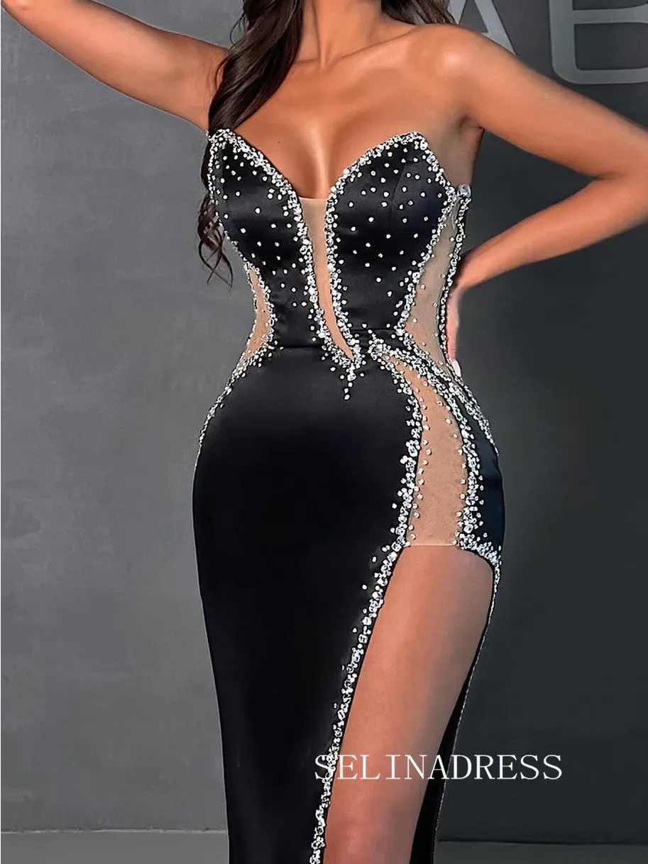 Chic Mermaid Black Long Prom Dresses Elegant High Split Evening Formal Gowns SEW0174