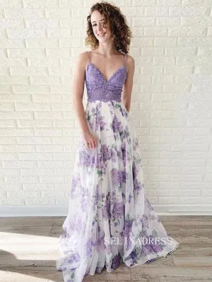 Chic Spaghetti Straps Lavender Lace Prom Dress Elegant Flower Party Dress #JKW003