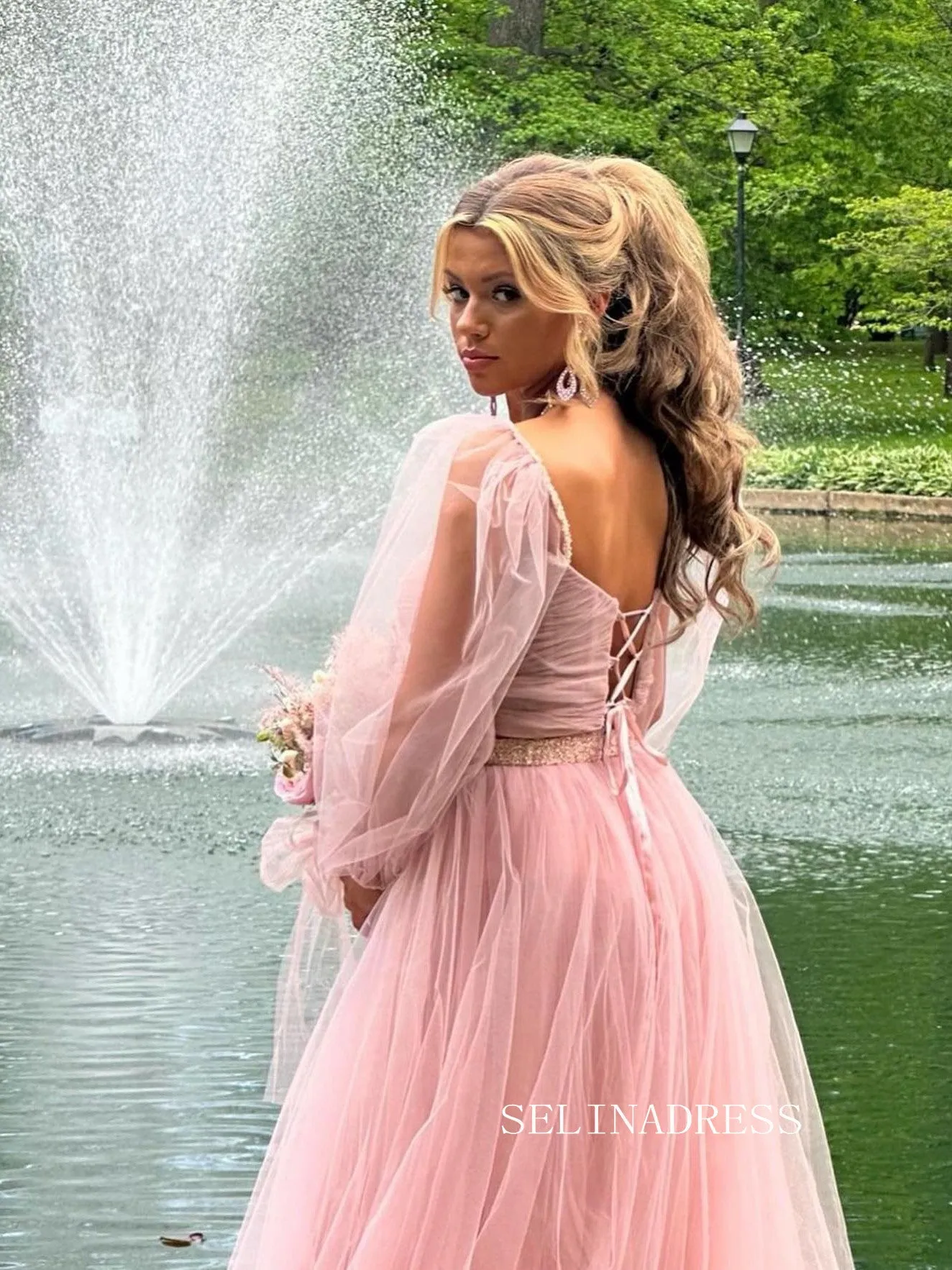 Chic Two Pieces Long Sleeve Prom Dress Blush Pink Elegant Evening Dress #kop138