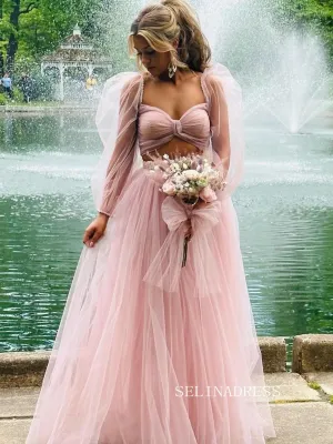 Chic Two Pieces Long Sleeve Prom Dress Blush Pink Elegant Evening Dress #kop138