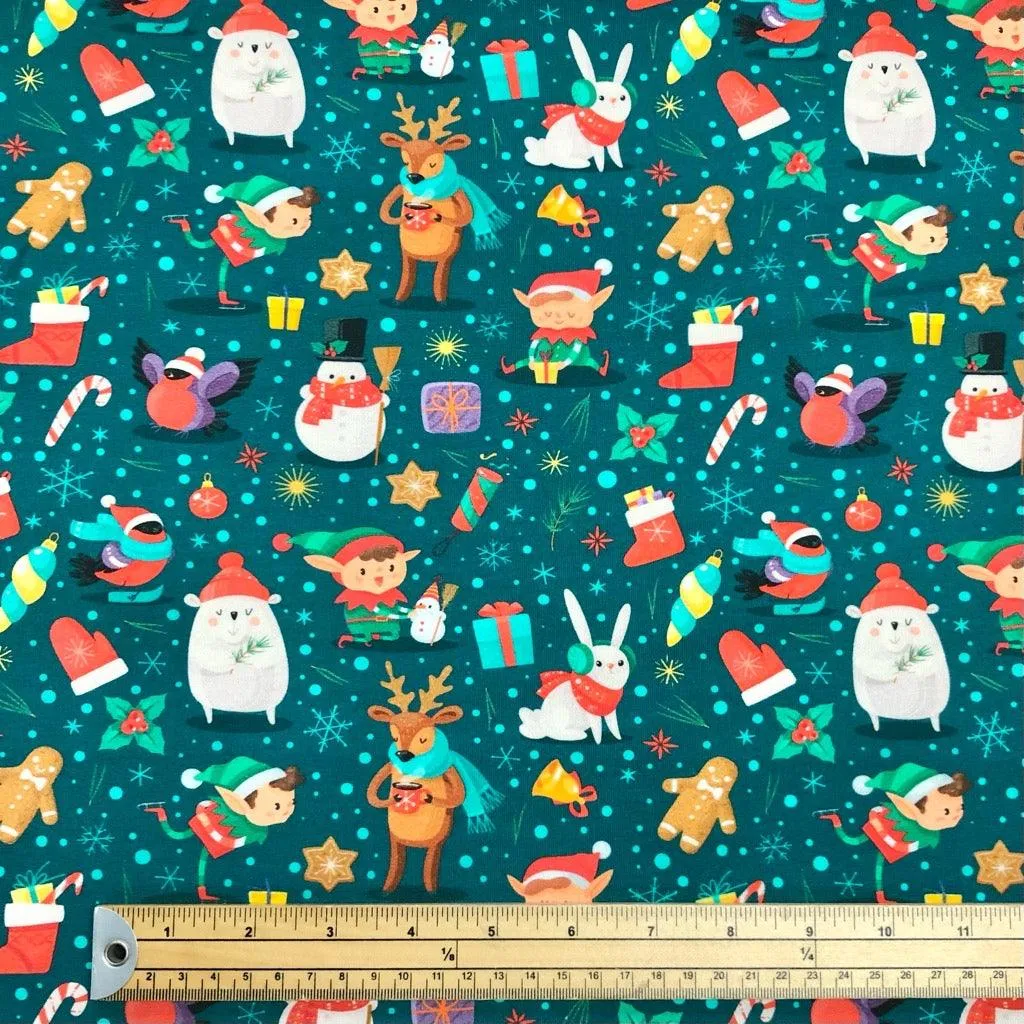 Christmas Motif on Teal French Terry Fabric