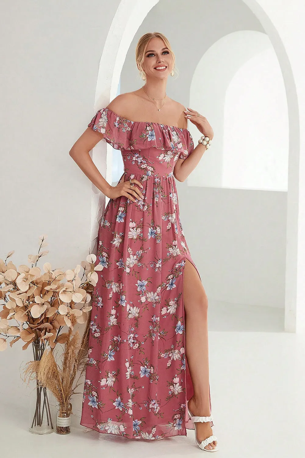 Coral Off the Shoulder Pleated Ruffled Floral Maxi Dress with Slit