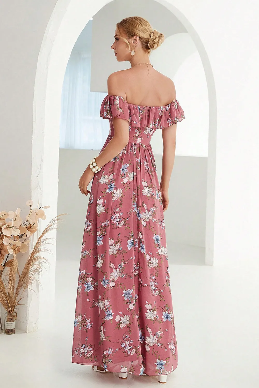 Coral Off the Shoulder Pleated Ruffled Floral Maxi Dress with Slit