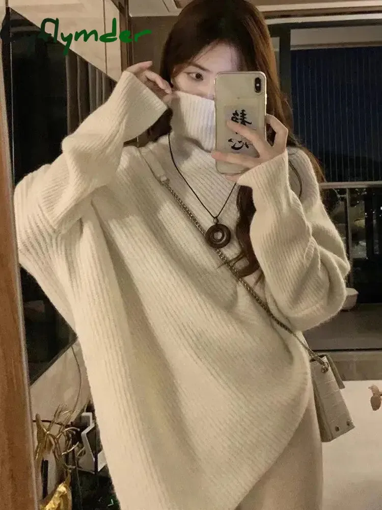 Cyflymder Winter Turtlenecks Women Korean Irregular Knitted Sweater Female Warm Solid Color Pullovers Lady Casual Loose Long Sleeve Jumper