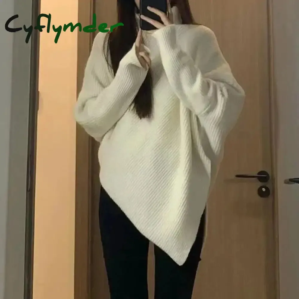 Cyflymder Winter Turtlenecks Women Korean Irregular Knitted Sweater Female Warm Solid Color Pullovers Lady Casual Loose Long Sleeve Jumper