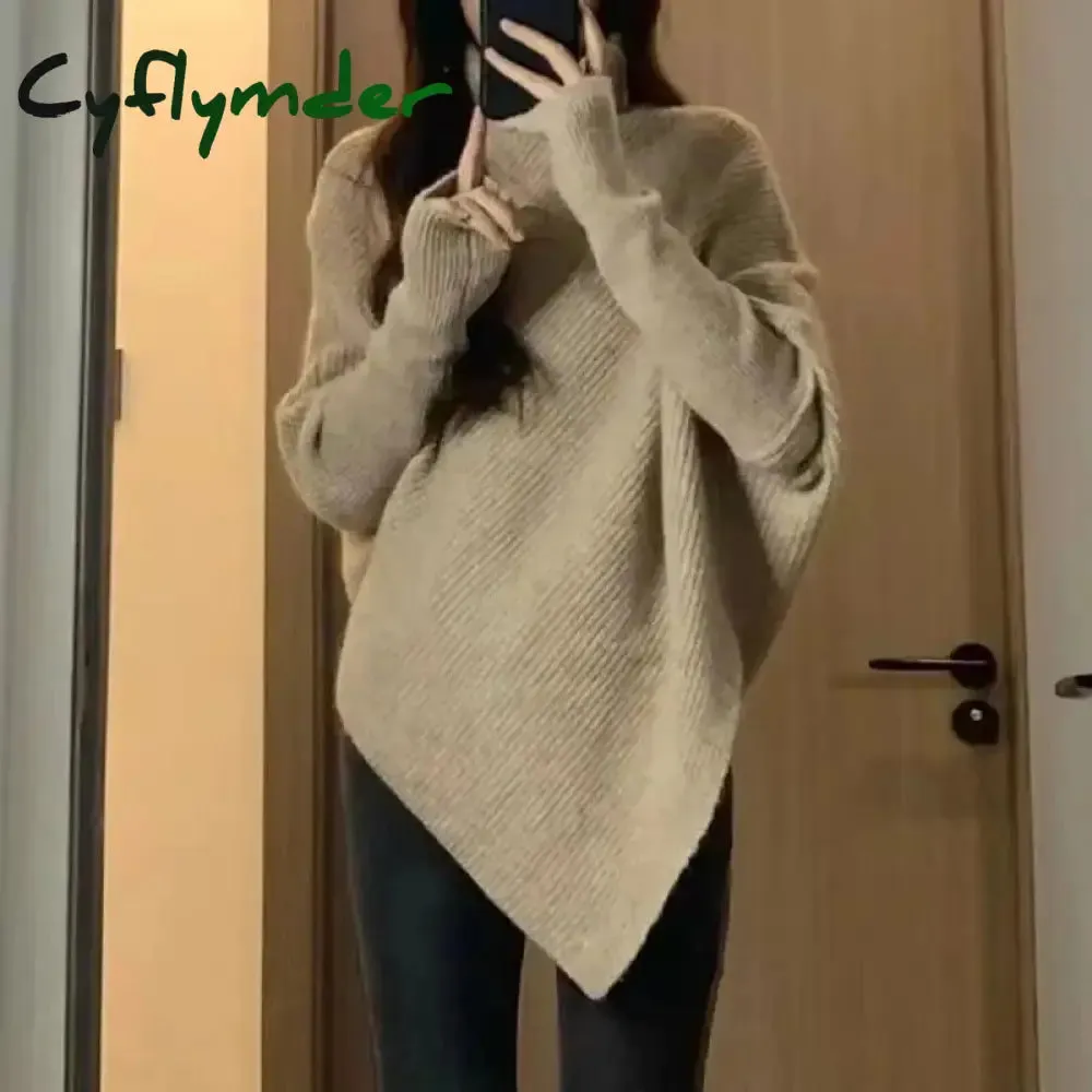 Cyflymder Winter Turtlenecks Women Korean Irregular Knitted Sweater Female Warm Solid Color Pullovers Lady Casual Loose Long Sleeve Jumper