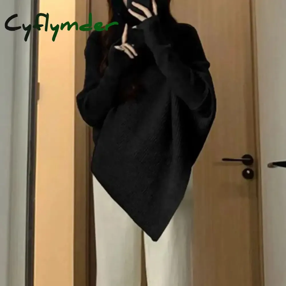 Cyflymder Winter Turtlenecks Women Korean Irregular Knitted Sweater Female Warm Solid Color Pullovers Lady Casual Loose Long Sleeve Jumper