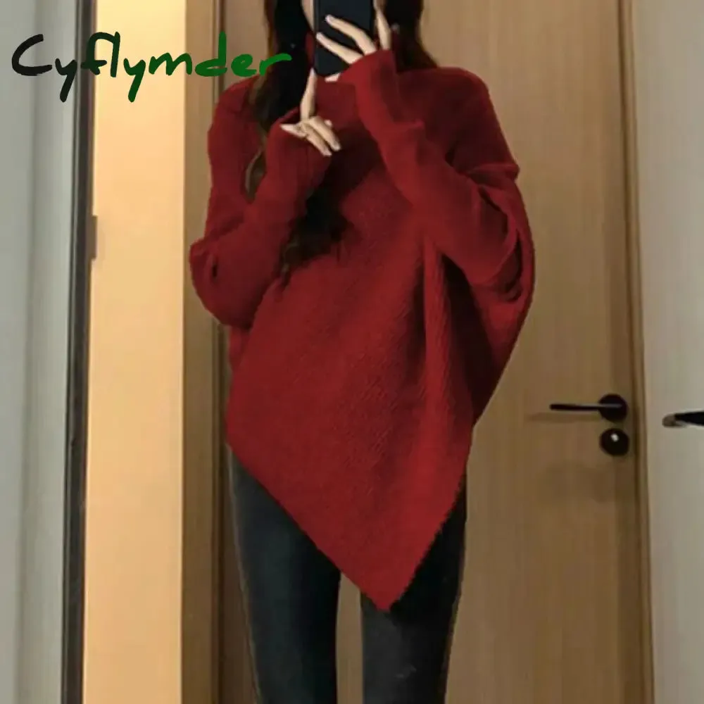 Cyflymder Winter Turtlenecks Women Korean Irregular Knitted Sweater Female Warm Solid Color Pullovers Lady Casual Loose Long Sleeve Jumper