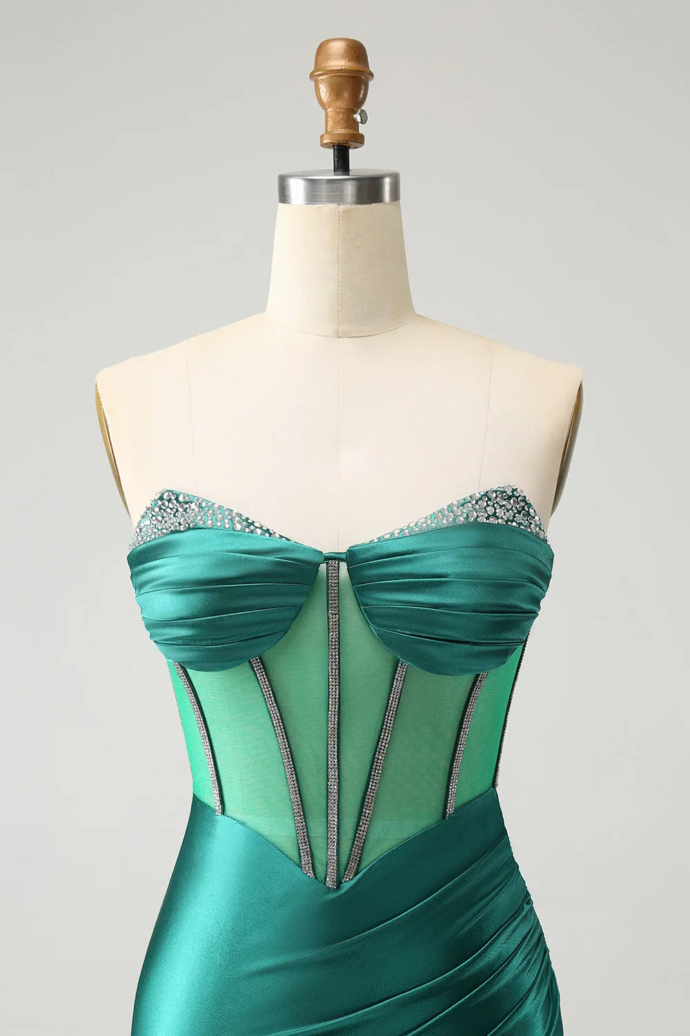 Glitter Dark Green Strapless Corset Tight Mini Dress with Beading