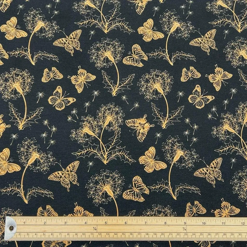 Gold Butterfly Floral French Terry Fabric