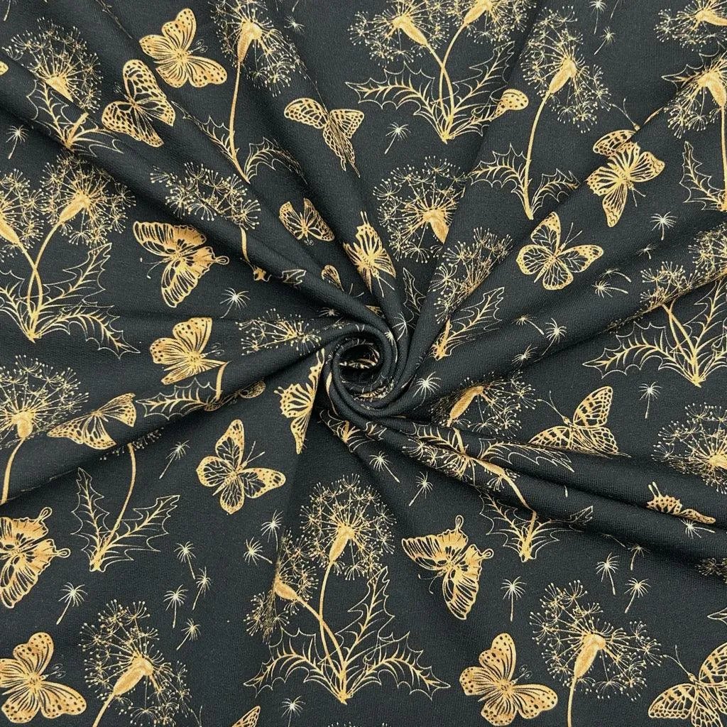 Gold Butterfly Floral French Terry Fabric