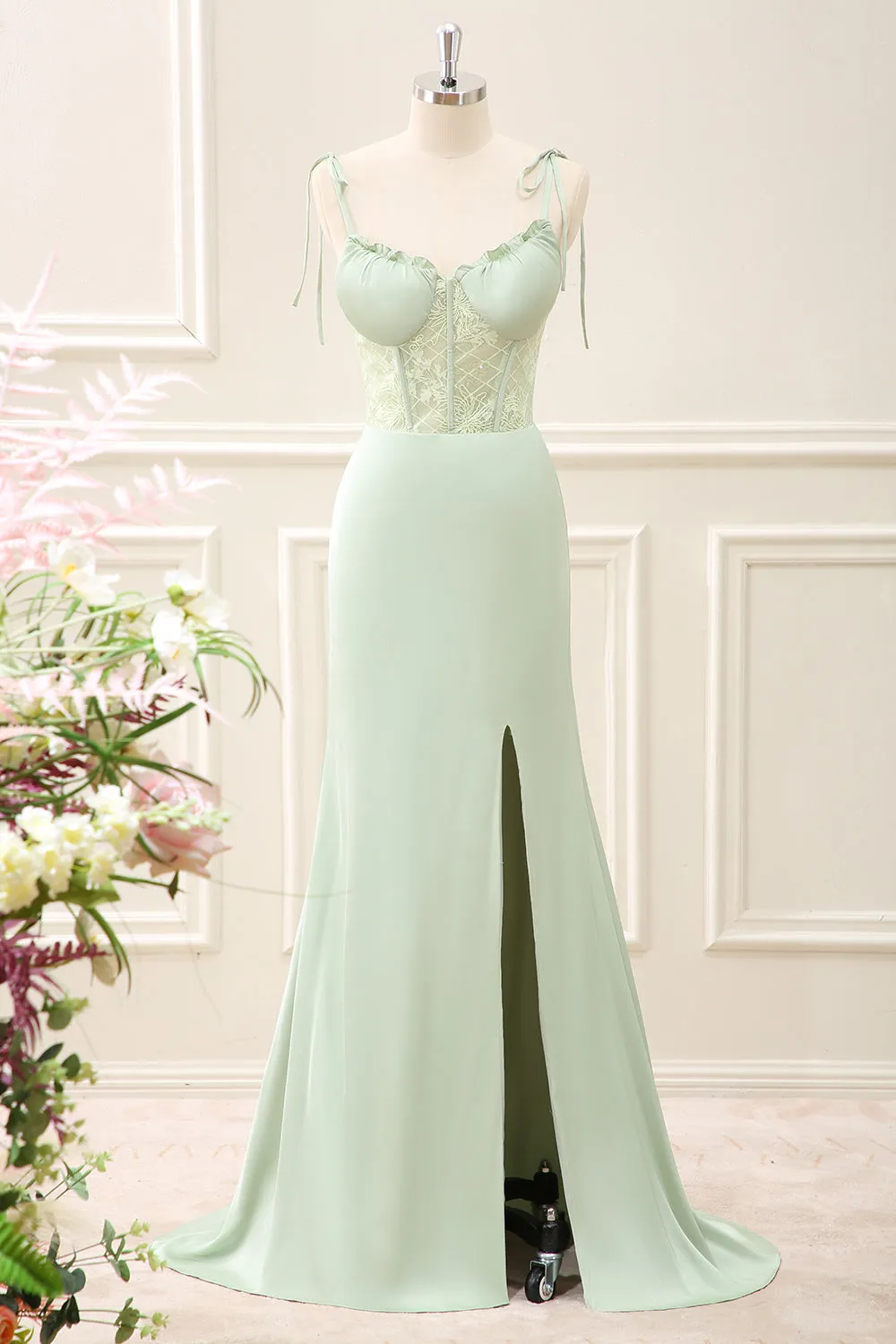 Green Corset Mermaid Embroidered Slit Maxi Dress with Lace up Back