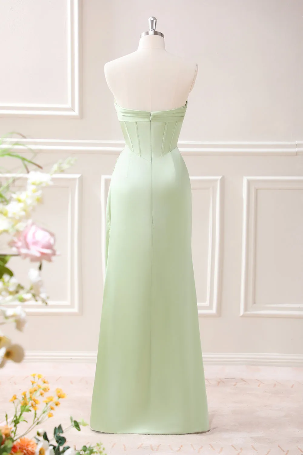 Green Sheath Corset Strapless Maxi Dress with Slit