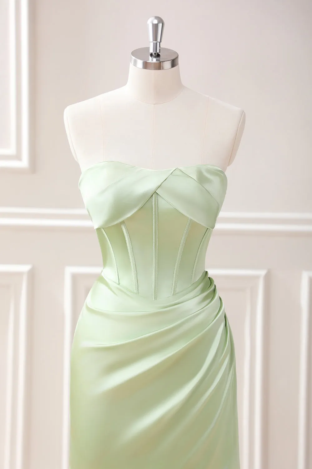 Green Sheath Corset Strapless Maxi Dress with Slit