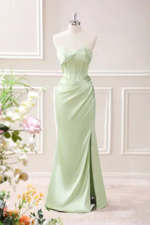 Green Sheath Corset Strapless Maxi Dress with Slit